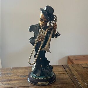 New Orleans Voodoo Skeleton Trombone Sculpture in Black and Gold